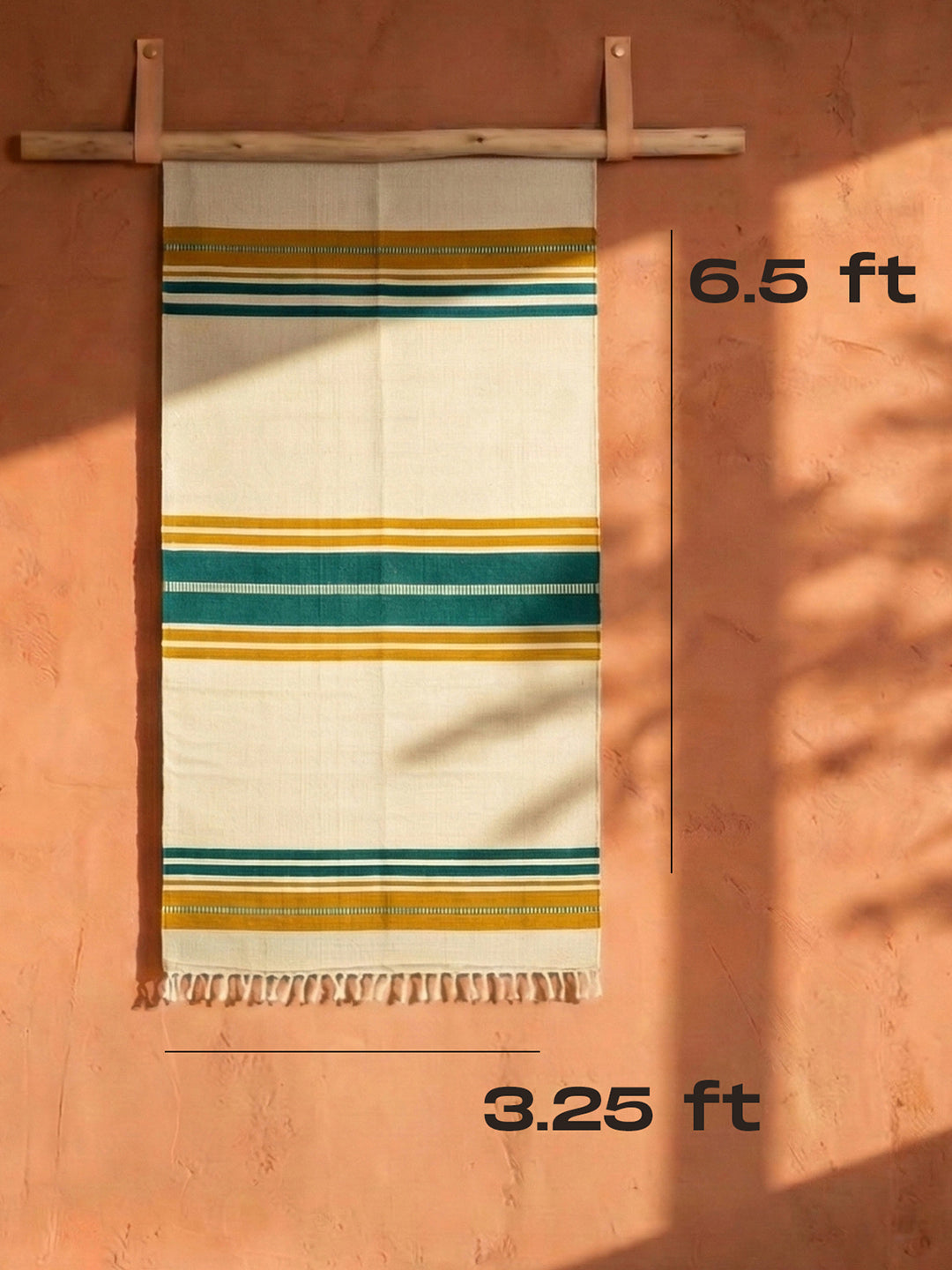 Bhavani Jamakkalam / Handwoven Cotton Carpet Cream Base with Green & Yellow Stripes (3.25 ft × 6.5 ft)