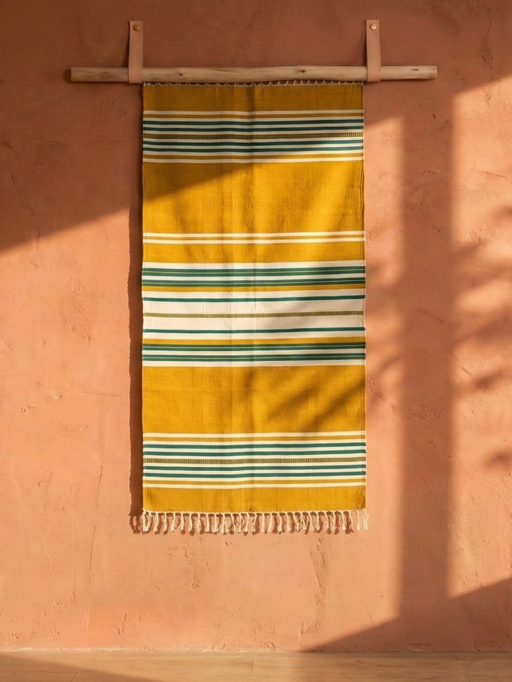 Bhavani Jamakkalam / Handwoven Cotton Carpet Yellow Base with White & Green Stripes (3.25 ft × 6.5 ft)