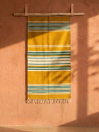 Bhavani Jamakkalam / Handwoven Cotton Carpet Yellow Base with White & Green Stripes (3.25 ft × 6.5 ft)