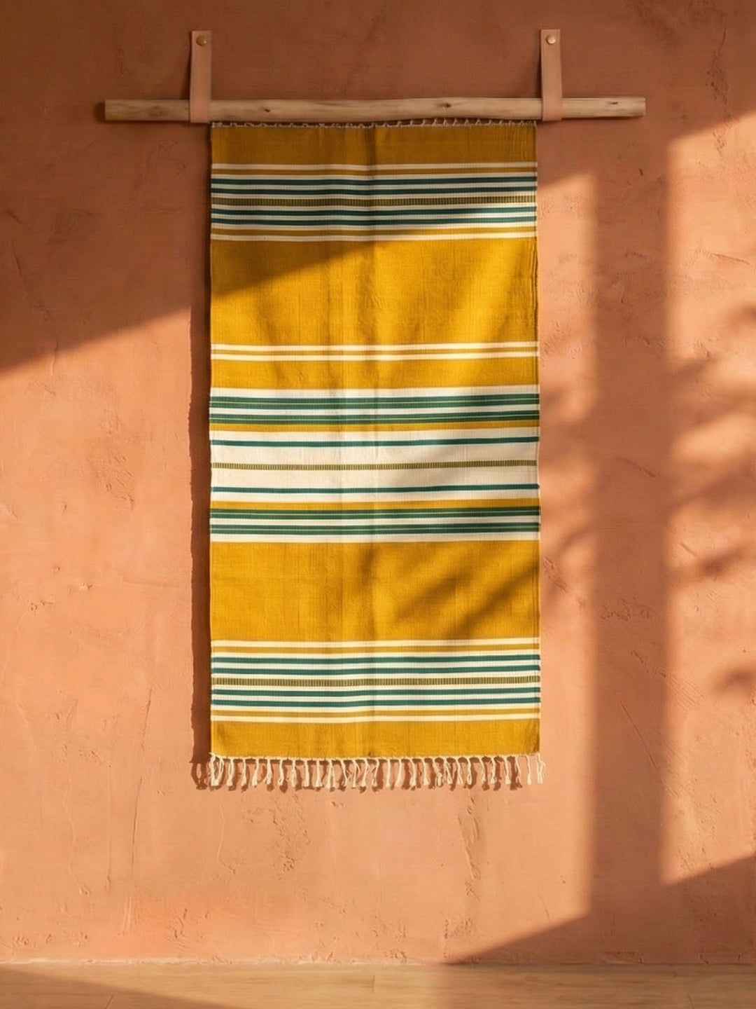 Bhavani Jamakkalam / Handwoven Cotton Carpet Yellow Base with White & Green Stripes (3.25 ft × 6.5 ft)