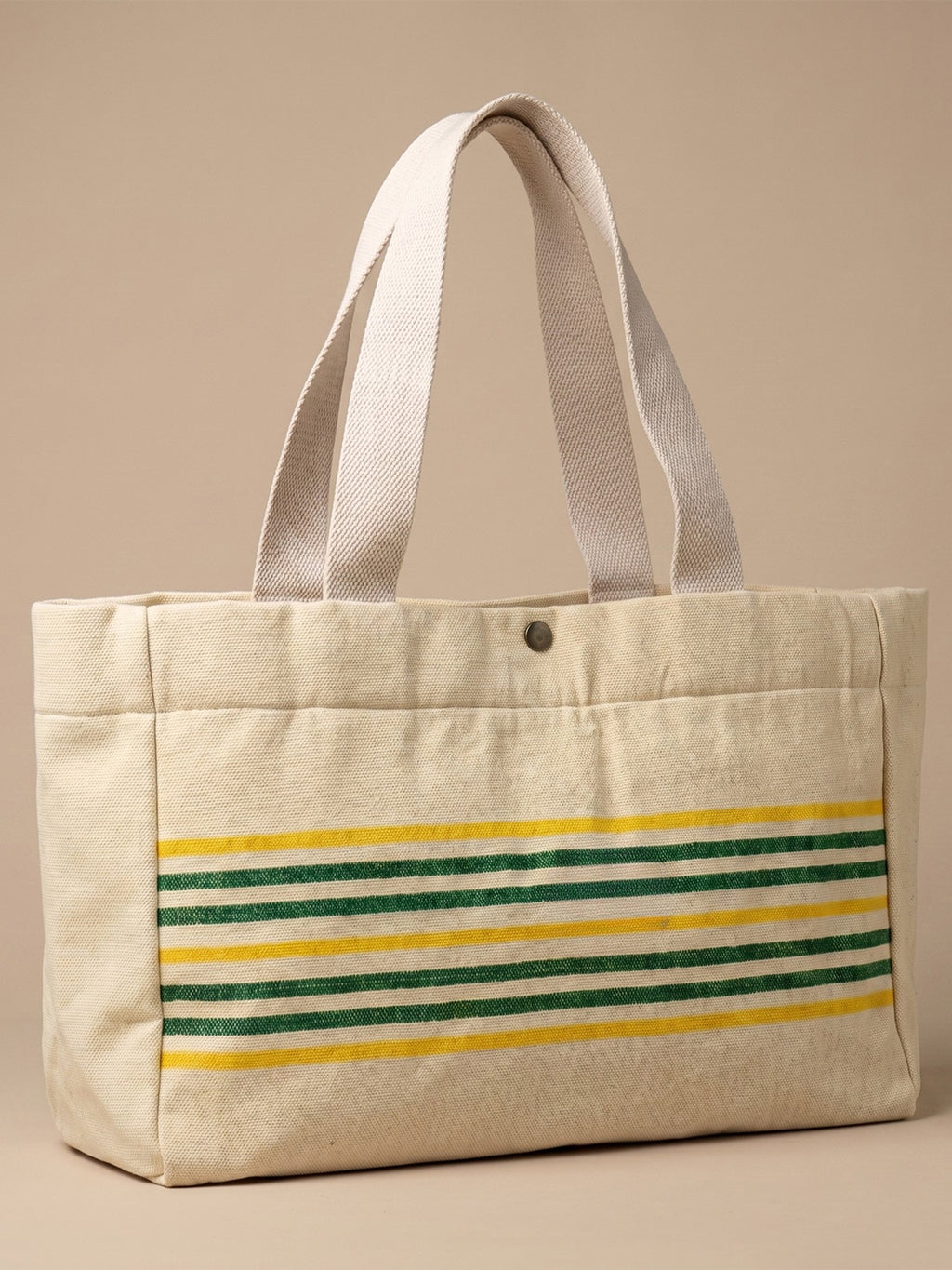 Handwoven Jamakkalam Tote Bag – Yellow Base with Green Striped | Premium Cotton Hand Bag