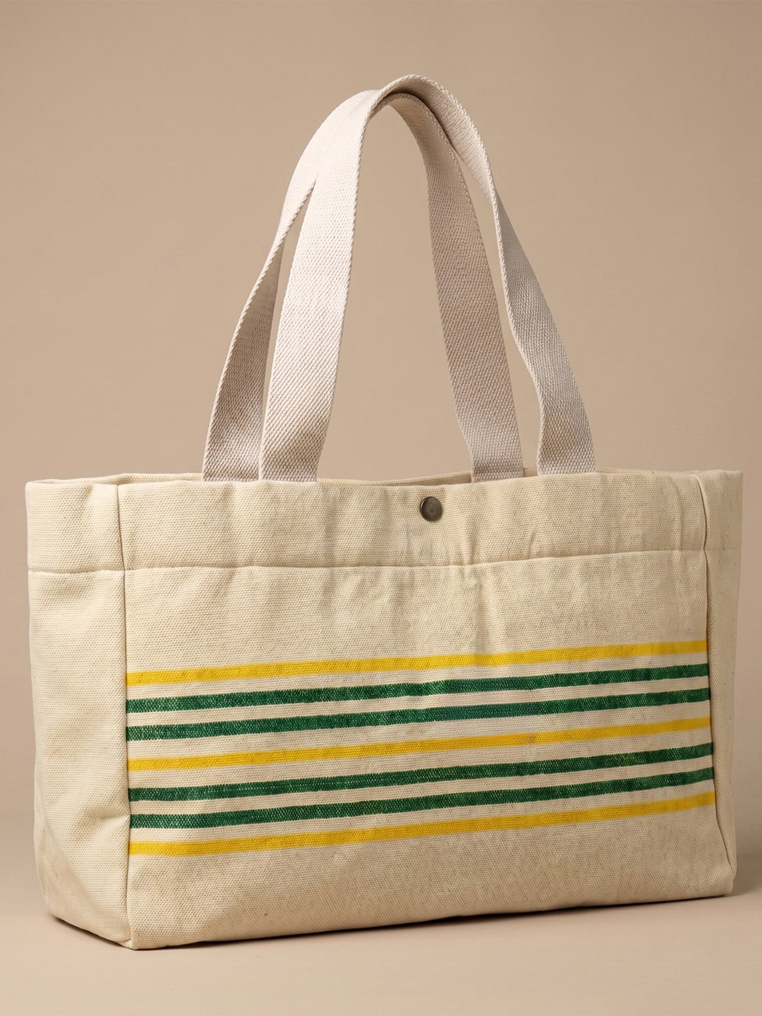 Handwoven Jamakkalam Tote Bag – Yellow Base with Green Striped | Premium Cotton Hand Bag