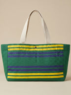Handwoven Jamakkalam Tote Bag – Green Base with Yellow & Blue Striped | Premium Cotton Hand Bag