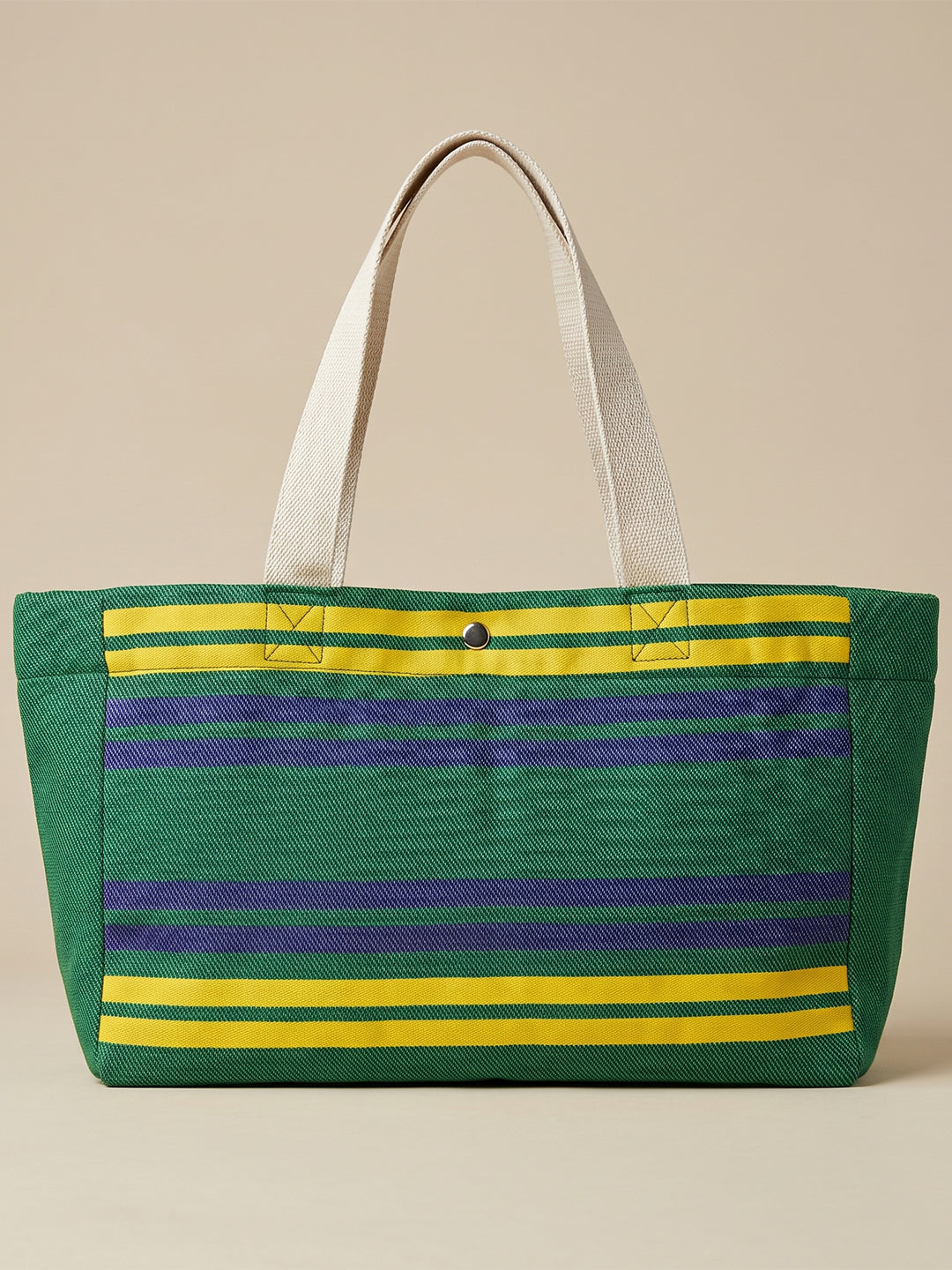 Handwoven Jamakkalam Tote Bag – Green Base with Yellow & Blue Striped | Premium Cotton Hand Bag