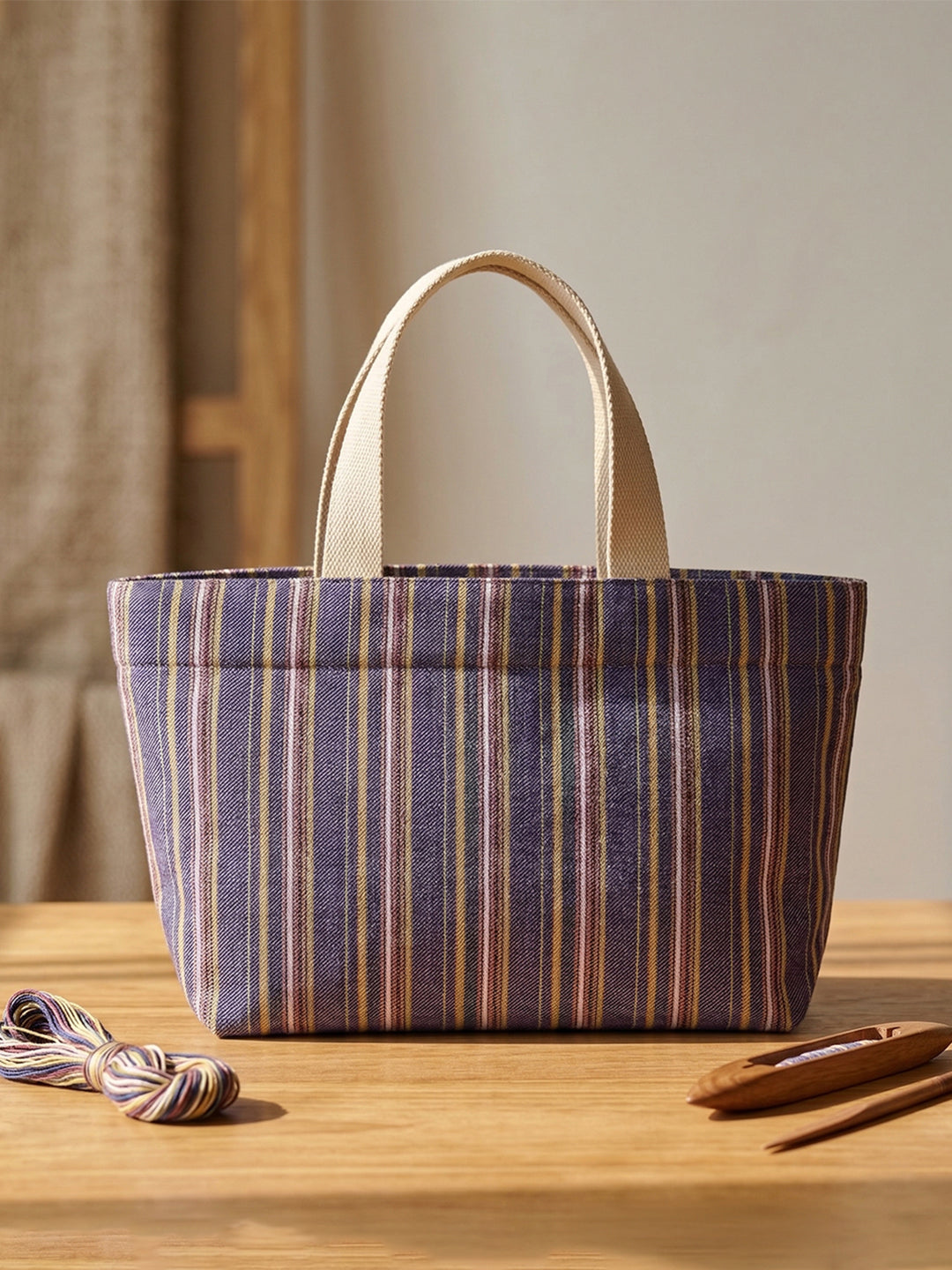 Handwoven Jamakkalam Tote Bag – Purple Base with Yellow & White Stripes | Premium Cotton Hand Bag