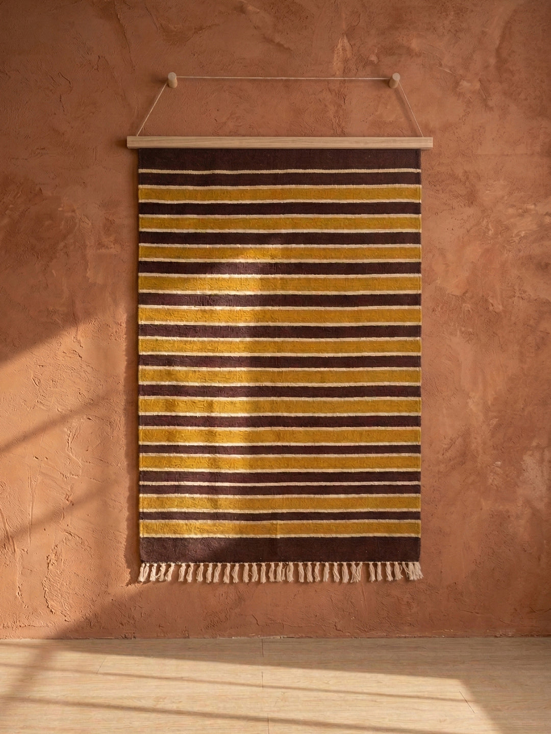 Bhavani Jamakkalam / Handwoven Cotton Carpet Maroon Base with White & Yellow Stripes (3.25 ft × 6.5 ft)