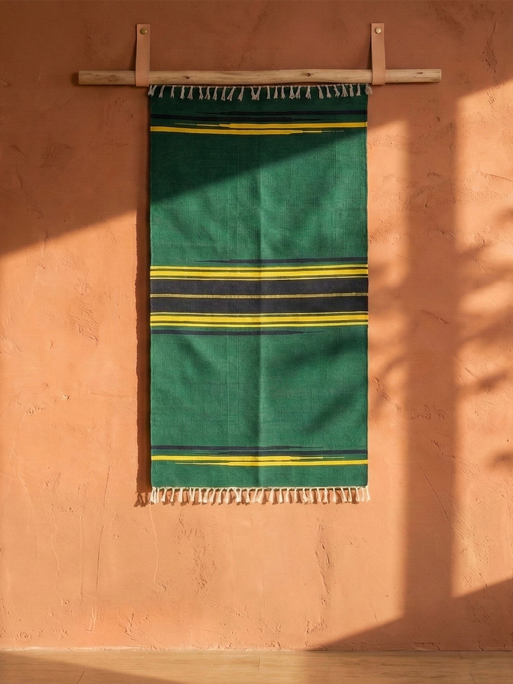 Bhavani Jamakkalam / Handwoven Cotton Carpet Green Base with Blue & Yellow Stripes (3.25 ft × 6.5 ft)