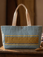 Handwoven Jamakkalam Tote Bag – Blue Base with Yellow & Brown Striped | Premium Cotton Hand Bag