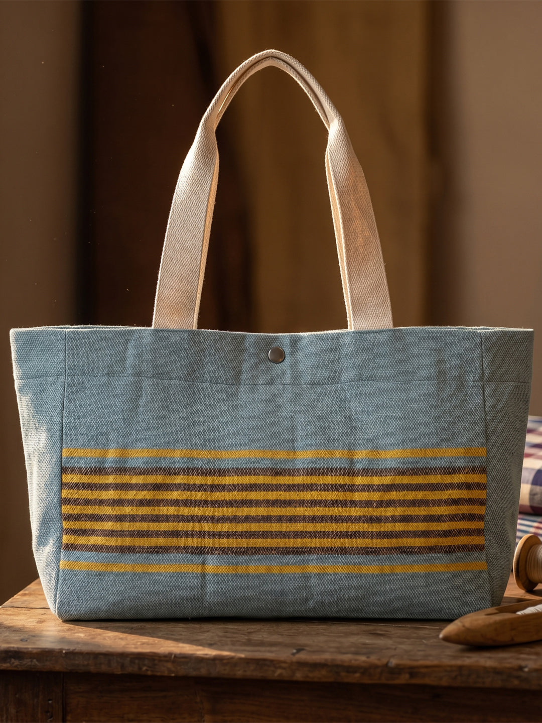 Handwoven Jamakkalam Tote Bag – Blue Base with Yellow & Brown Striped | Premium Cotton Hand Bag