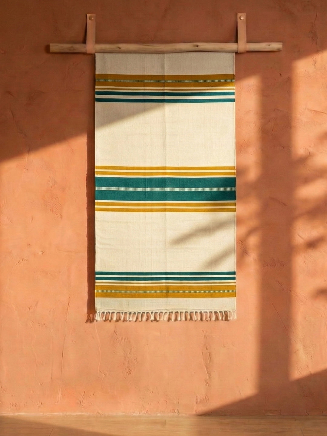 Bhavani Jamakkalam / Handwoven Cotton Carpet Cream Base with Green & Yellow Stripes (3.25 ft × 6.5 ft)