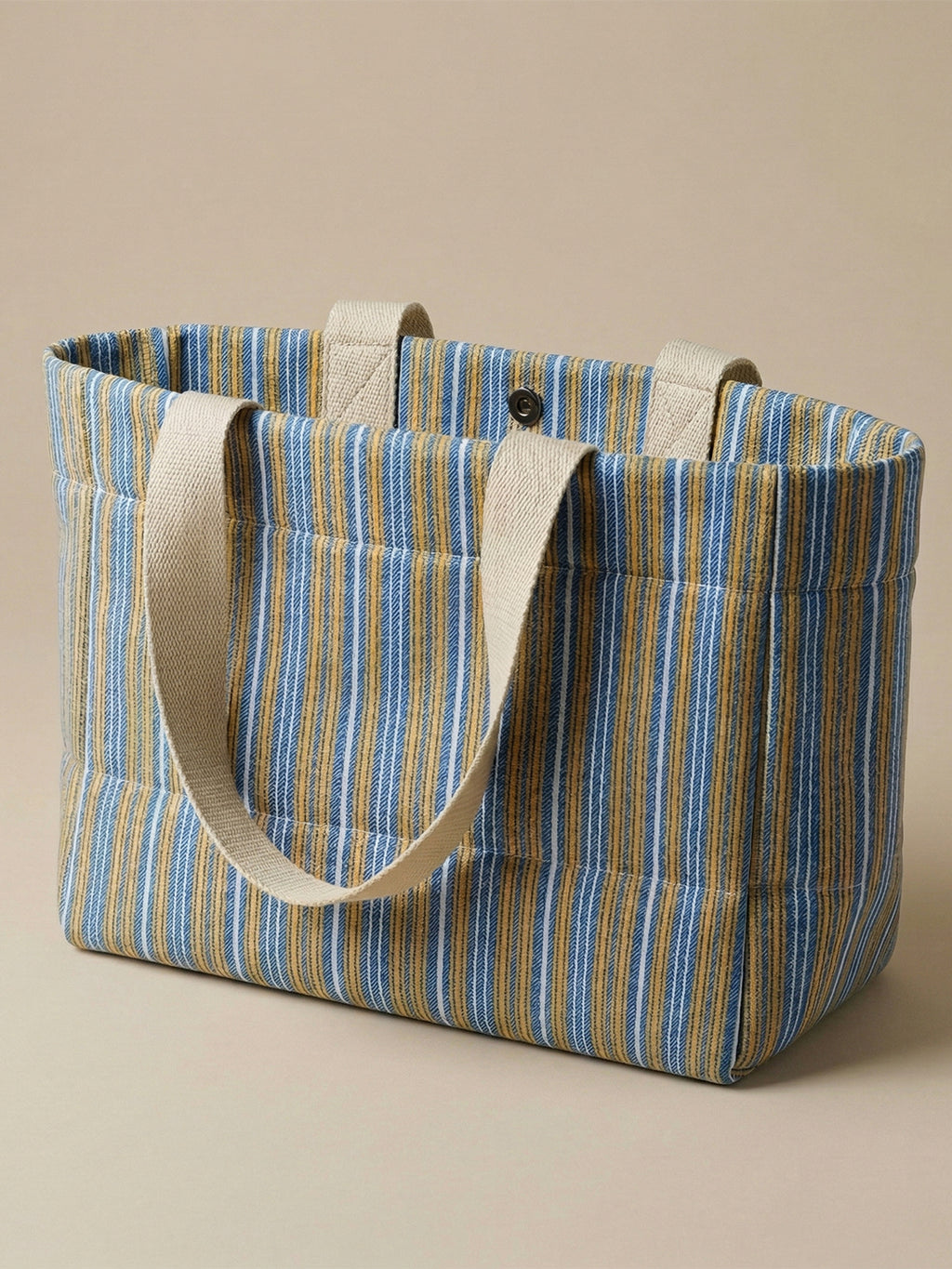 Handwoven Jamakkalam Tote Bag – Blue Base with Yellow & White Striped | Premium Cotton Hand Bag