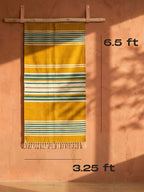 Bhavani Jamakkalam / Handwoven Cotton Carpet Yellow Base with White & Green Stripes (3.25 ft × 6.5 ft)