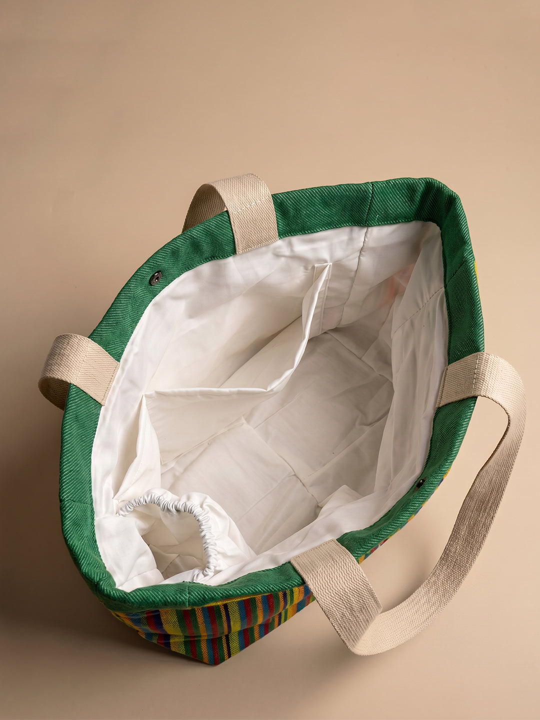 Handwoven Jamakkalam Tote Bag – Green Base with Yellow & Blue Striped | Premium Cotton Hand Bag