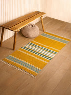 Bhavani Jamakkalam / Handwoven Cotton Carpet Yellow Base with White & Green Stripes (3.25 ft × 6.5 ft)