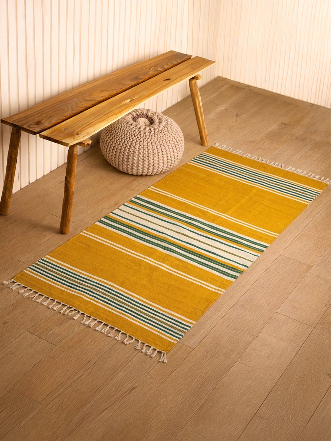 Bhavani Jamakkalam / Handwoven Cotton Carpet Yellow Base with White & Green Stripes (3.25 ft × 6.5 ft)