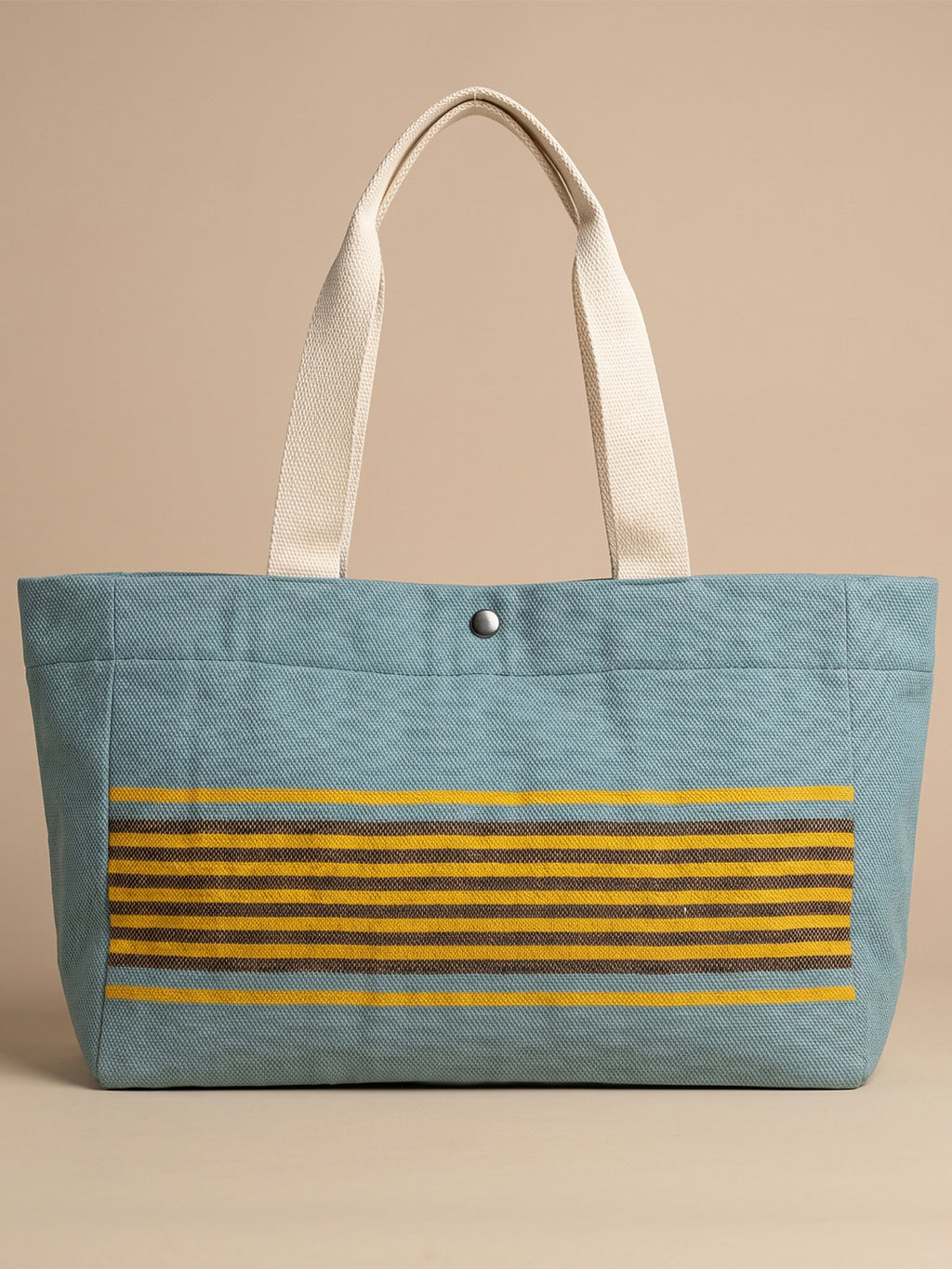 Handwoven Jamakkalam Tote Bag – Blue Base with Yellow & Brown Striped | Premium Cotton Hand Bag