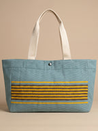Handwoven Jamakkalam Tote Bag – Blue Base with Yellow & Brown Striped | Premium Cotton Hand Bag