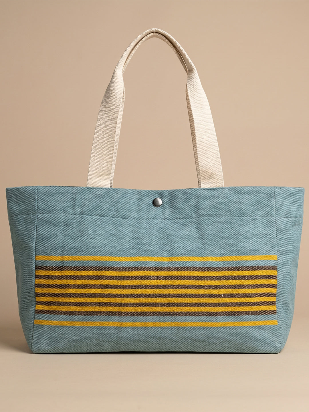 Handwoven Jamakkalam Tote Bag – Blue Base with Yellow & Brown Striped | Premium Cotton Hand Bag