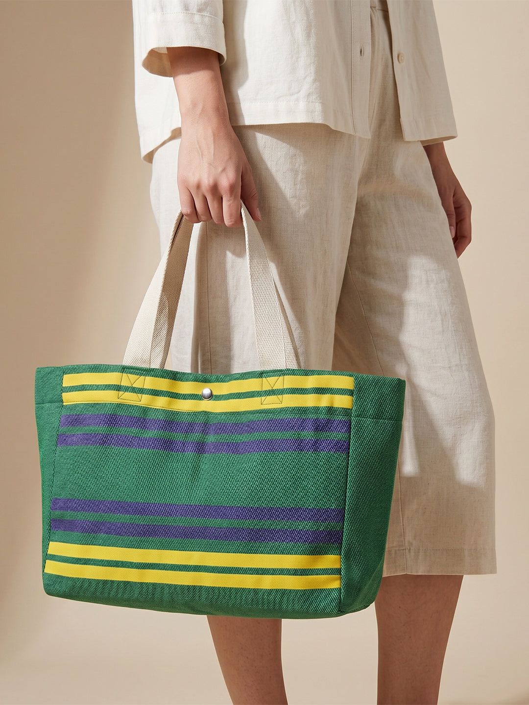 Handwoven Jamakkalam Tote Bag – Green Base with Yellow & Blue Striped | Premium Cotton Hand Bag