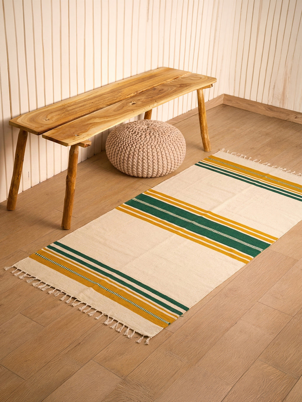Bhavani Jamakkalam / Handwoven Cotton Carpet Cream Base with Green & Yellow Stripes (3.25 ft × 6.5 ft)