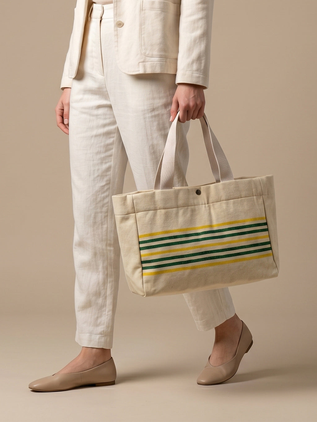 Handwoven Jamakkalam Tote Bag – Yellow Base with Green Striped | Premium Cotton Hand Bag