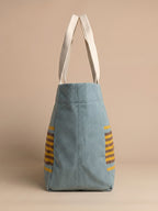 Handwoven Jamakkalam Tote Bag – Blue Base with Yellow & Brown Striped | Premium Cotton Hand Bag