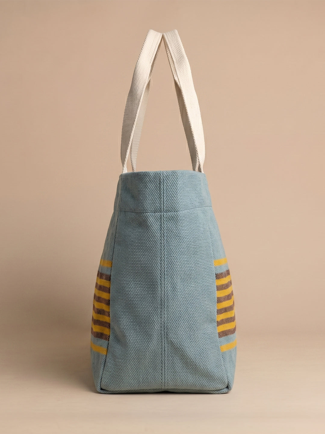 Handwoven Jamakkalam Tote Bag – Blue Base with Yellow & Brown Striped | Premium Cotton Hand Bag