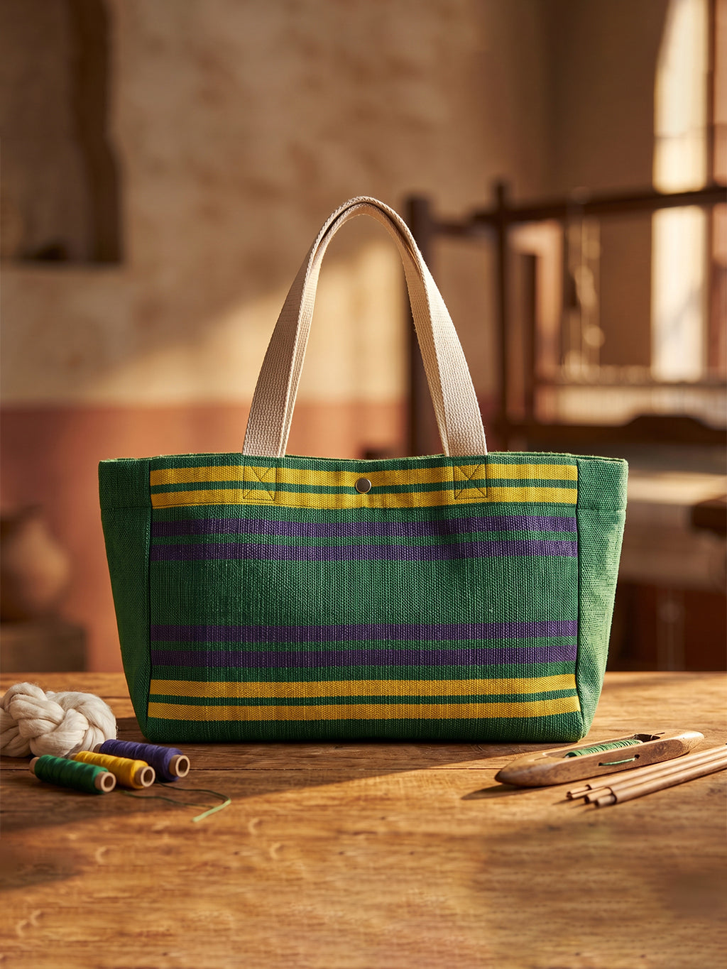 Handwoven Jamakkalam Tote Bag – Green Base with Yellow & Blue Striped | Premium Cotton Hand Bag