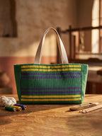 Handwoven Jamakkalam Tote Bag – Green Base with Yellow & Blue Striped | Premium Cotton Hand Bag