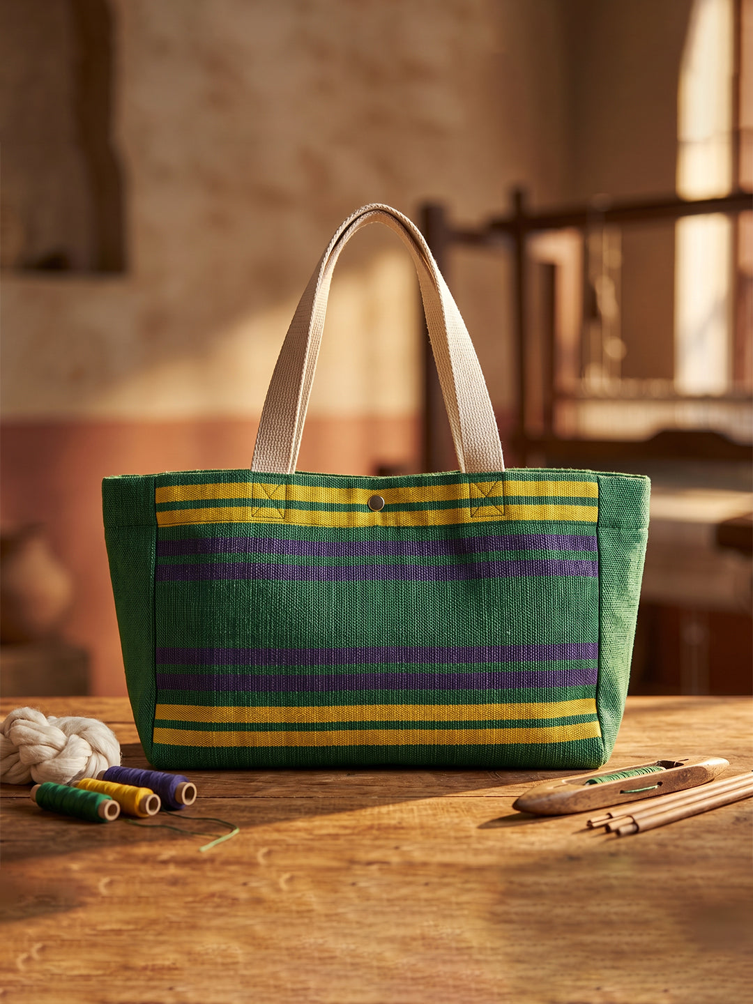 Handwoven Jamakkalam Tote Bag – Green Base with Yellow & Blue Striped | Premium Cotton Hand Bag