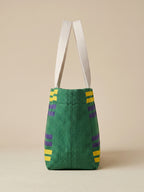 Handwoven Jamakkalam Tote Bag – Green Base with Yellow & Blue Striped | Premium Cotton Hand Bag