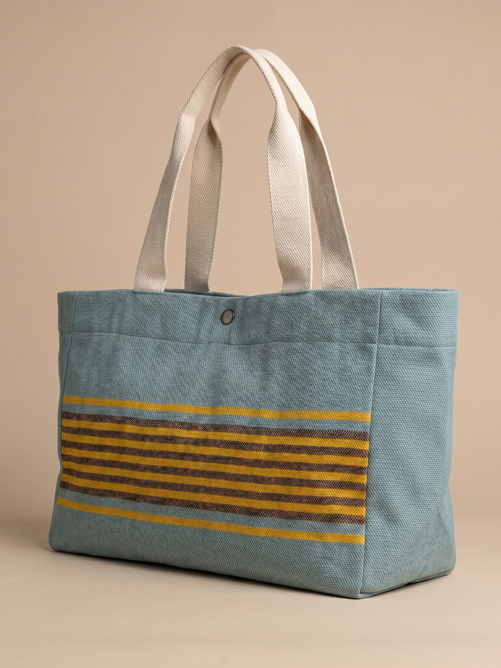 Handwoven Jamakkalam Tote Bag – Blue Base with Yellow & Brown Striped | Premium Cotton Hand Bag