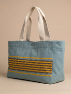Handwoven Jamakkalam Tote Bag – Blue Base with Yellow & Brown Striped | Premium Cotton Hand Bag