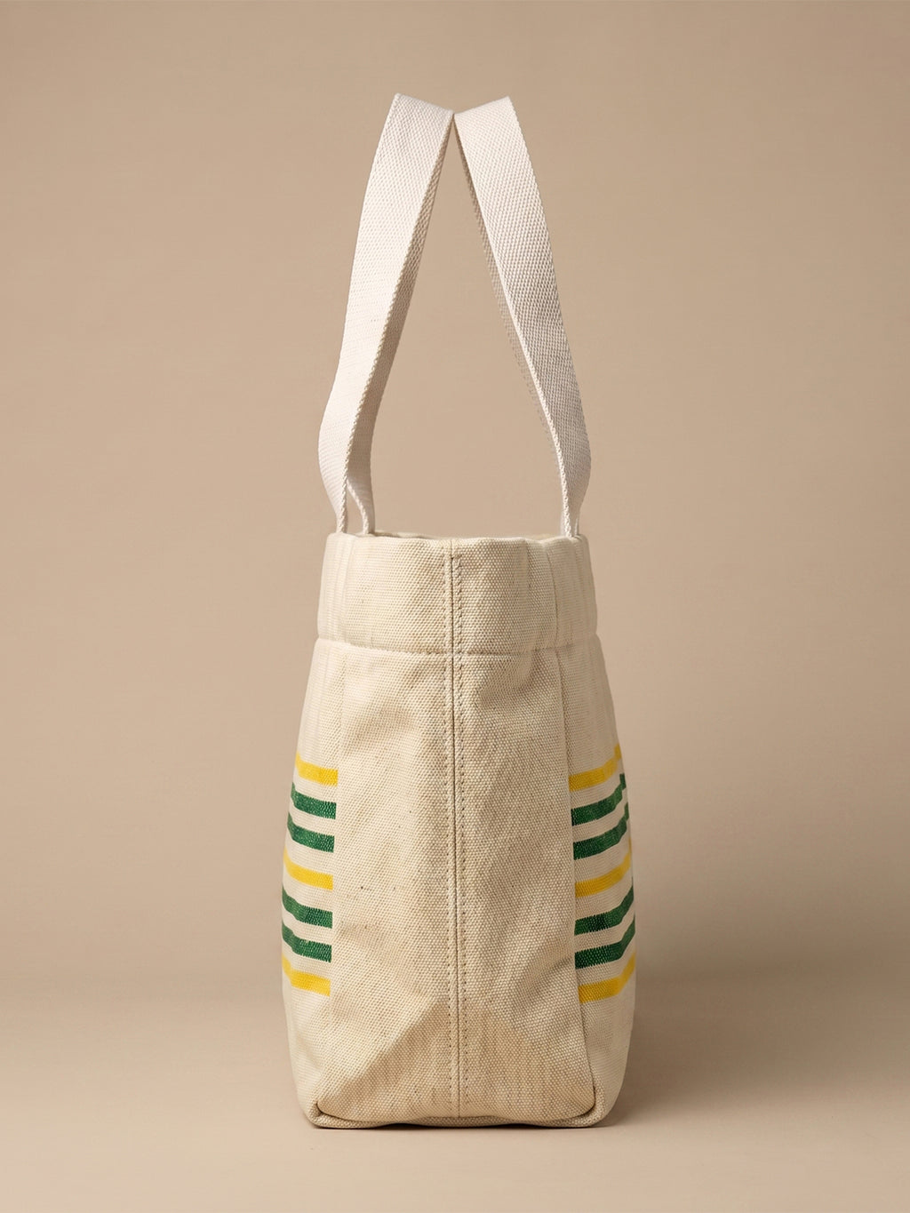 Handwoven Jamakkalam Tote Bag – Yellow Base with Green Striped | Premium Cotton Hand Bag