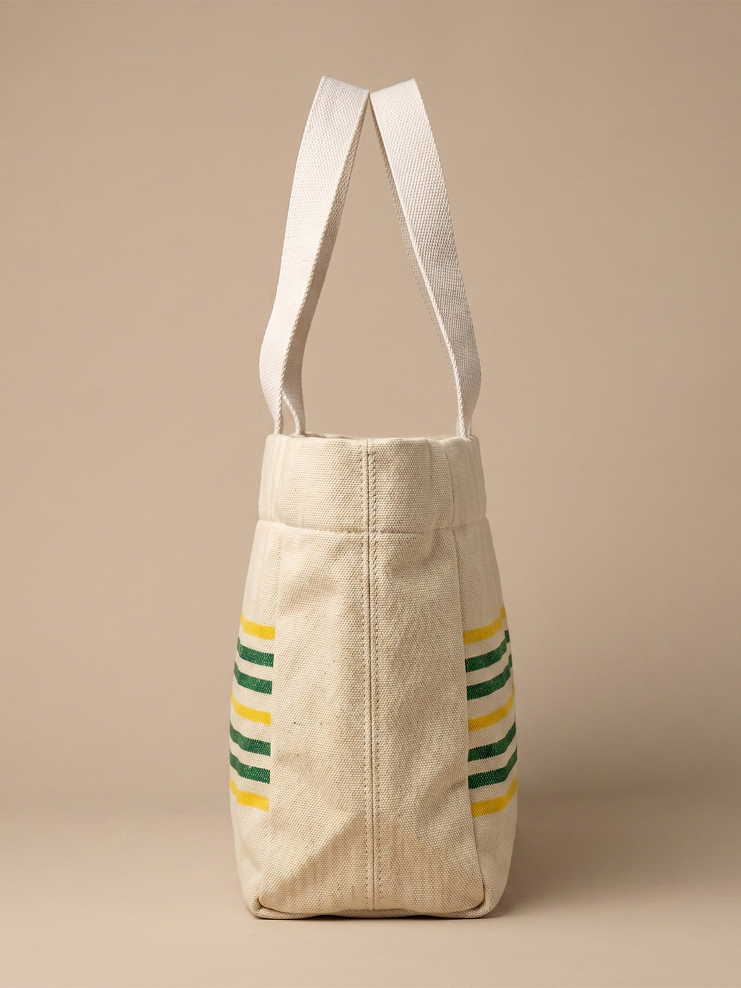 Handwoven Jamakkalam Tote Bag – Yellow Base with Green Striped | Premium Cotton Hand Bag