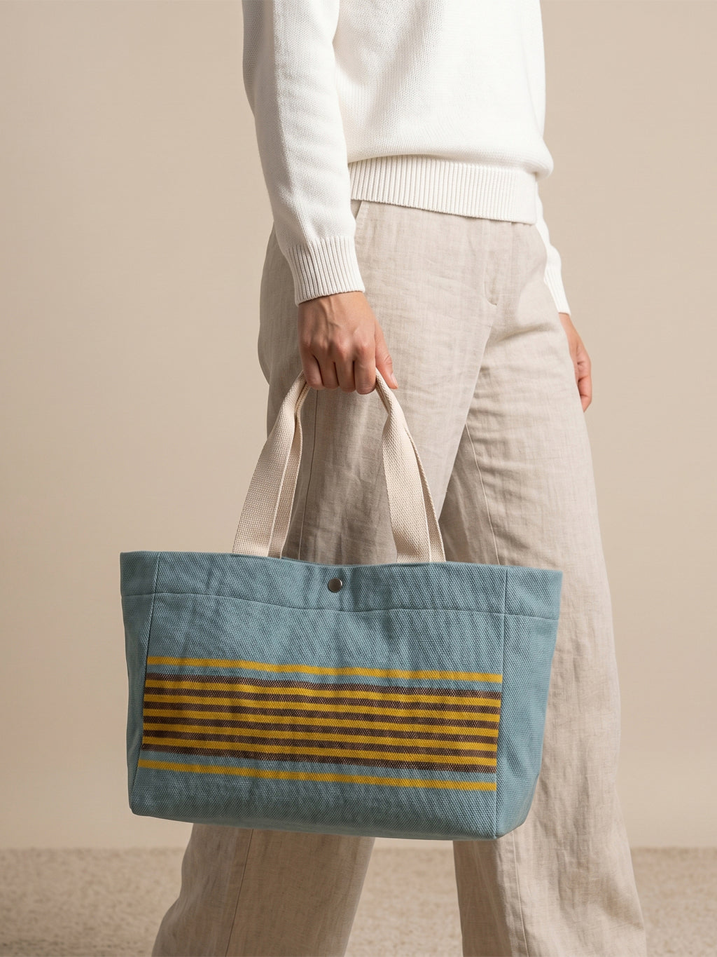 Handwoven Jamakkalam Tote Bag – Blue Base with Yellow & Brown Striped | Premium Cotton Hand Bag
