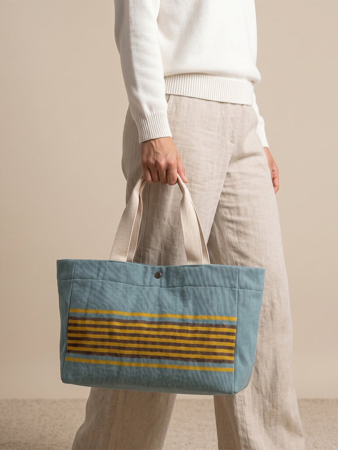 Handwoven Jamakkalam Tote Bag – Blue Base with Yellow & Brown Striped | Premium Cotton Hand Bag