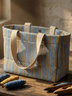 Handwoven Jamakkalam Tote Bag – Blue Base with Yellow & White Striped | Premium Cotton Hand Bag