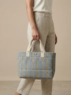 Handwoven Jamakkalam Tote Bag – Blue Base with Yellow & White Striped | Premium Cotton Hand Bag