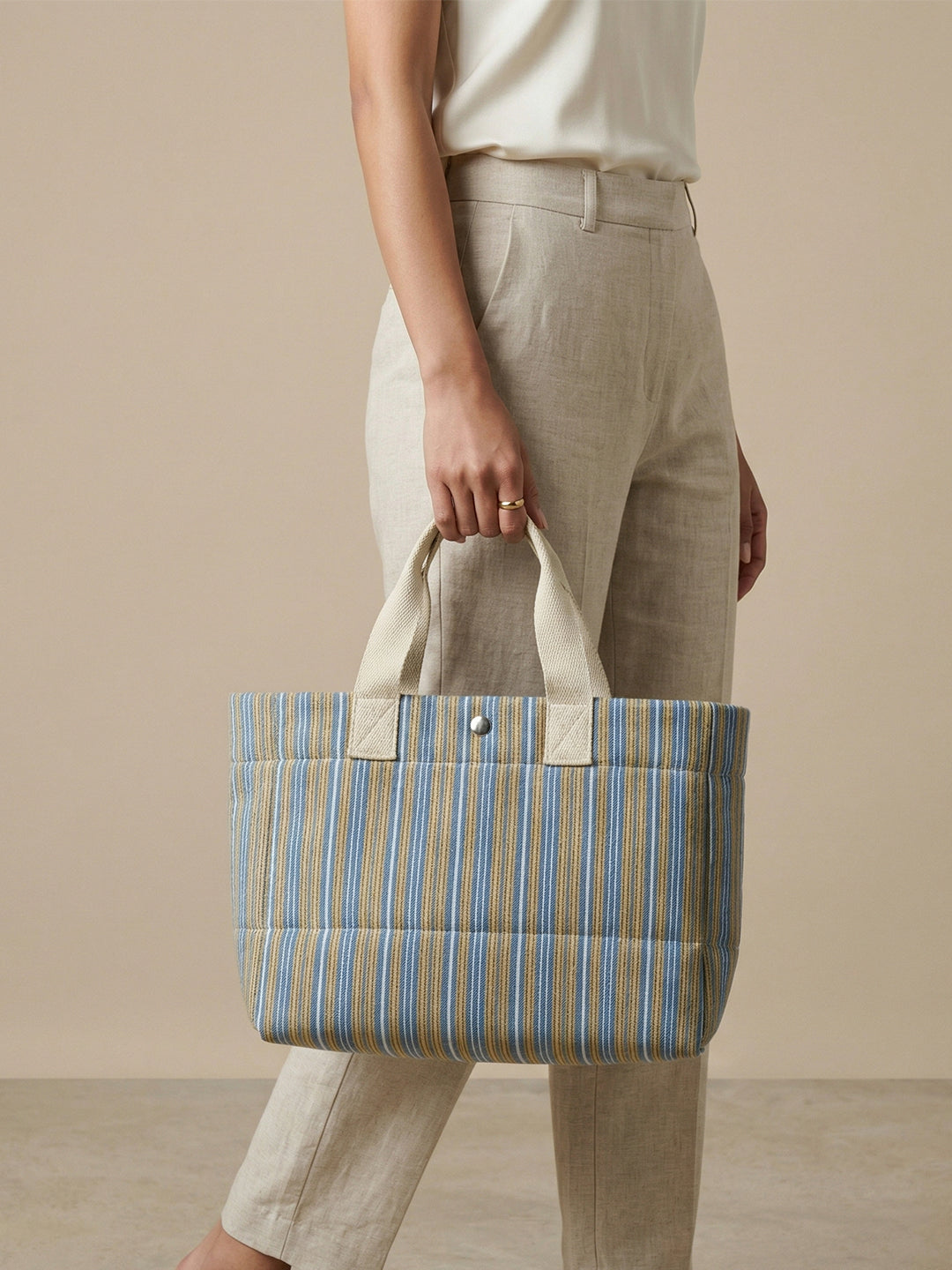 Handwoven Jamakkalam Tote Bag – Blue Base with Yellow & White Striped | Premium Cotton Hand Bag
