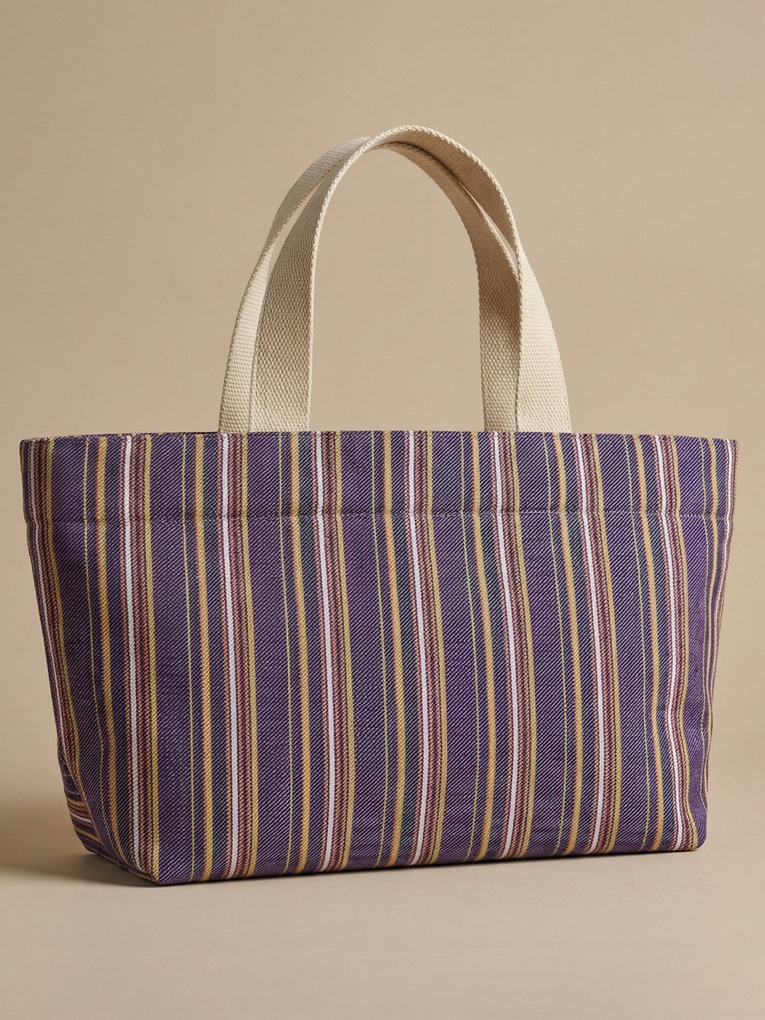 Handwoven Jamakkalam Tote Bag – Purple Base with Yellow & White Stripes | Premium Cotton Hand Bag