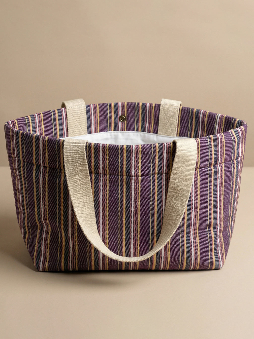 Handwoven Jamakkalam Tote Bag – Purple Base with Yellow & White Stripes | Premium Cotton Hand Bag