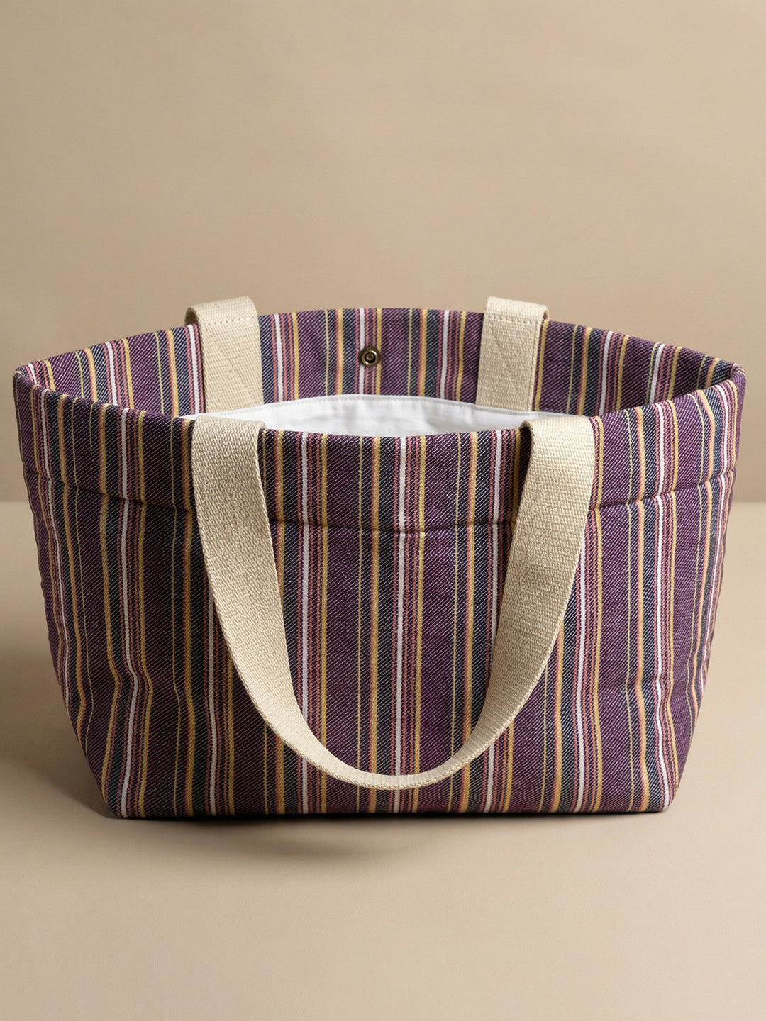 Handwoven Jamakkalam Tote Bag – Purple Base with Yellow & White Stripes | Premium Cotton Hand Bag