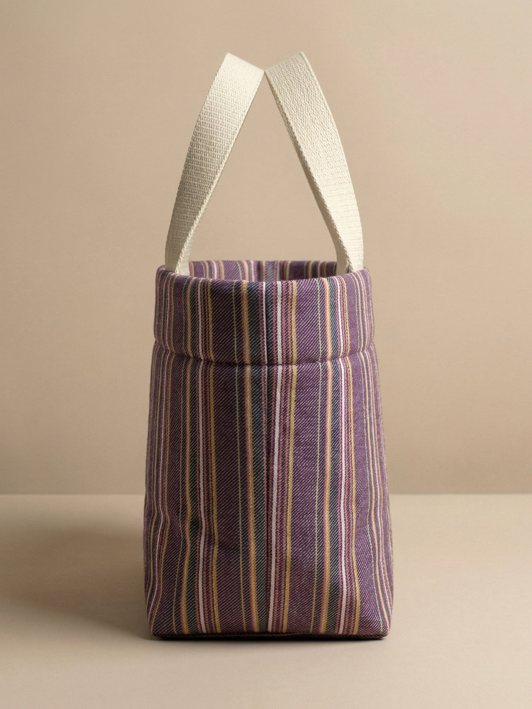 Handwoven Jamakkalam Tote Bag – Purple Base with Yellow & White Stripes | Premium Cotton Hand Bag