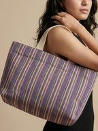 Handwoven Jamakkalam Tote Bag – Purple Base with Yellow & White Stripes | Premium Cotton Hand Bag