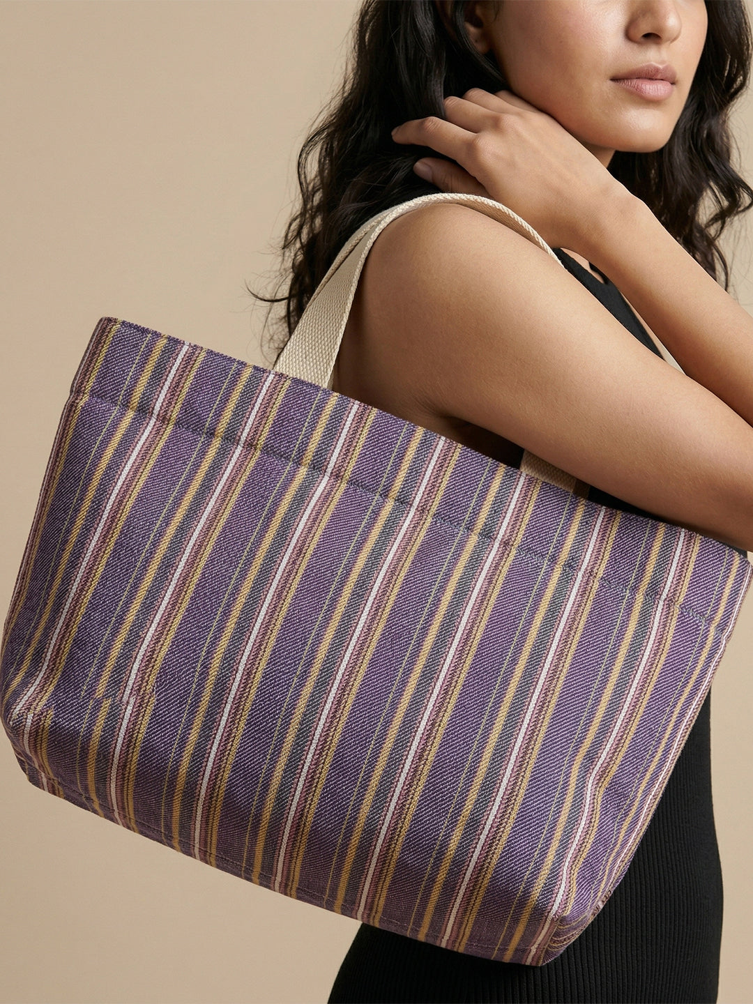 Handwoven Jamakkalam Tote Bag – Purple Base with Yellow & White Stripes | Premium Cotton Hand Bag