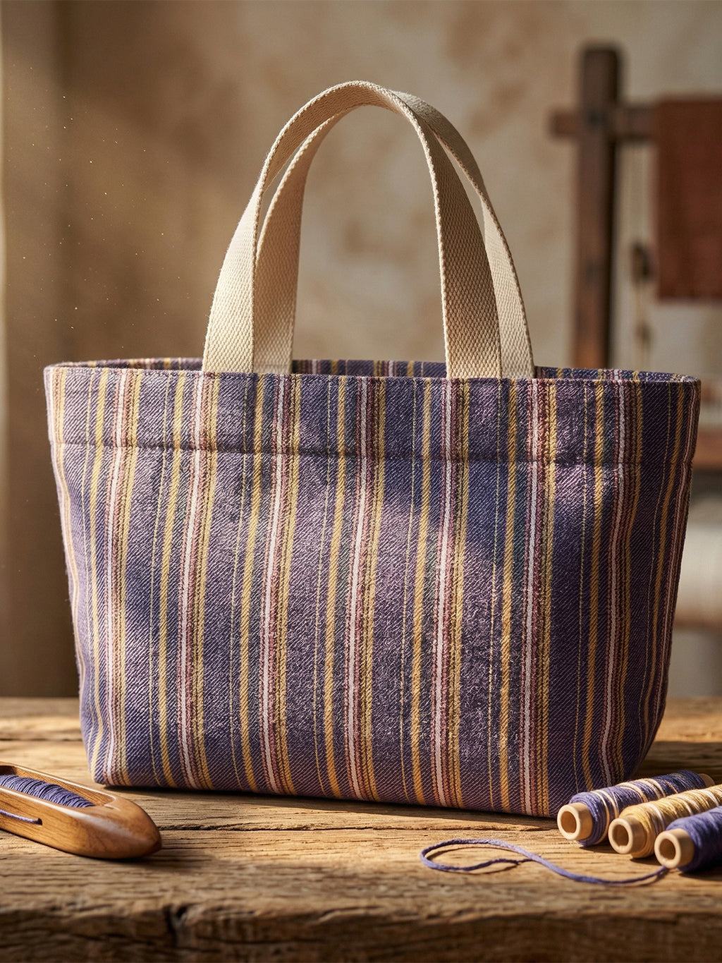 Handwoven Jamakkalam Tote Bag – Purple Base with Yellow & White Stripes | Premium Cotton Hand Bag