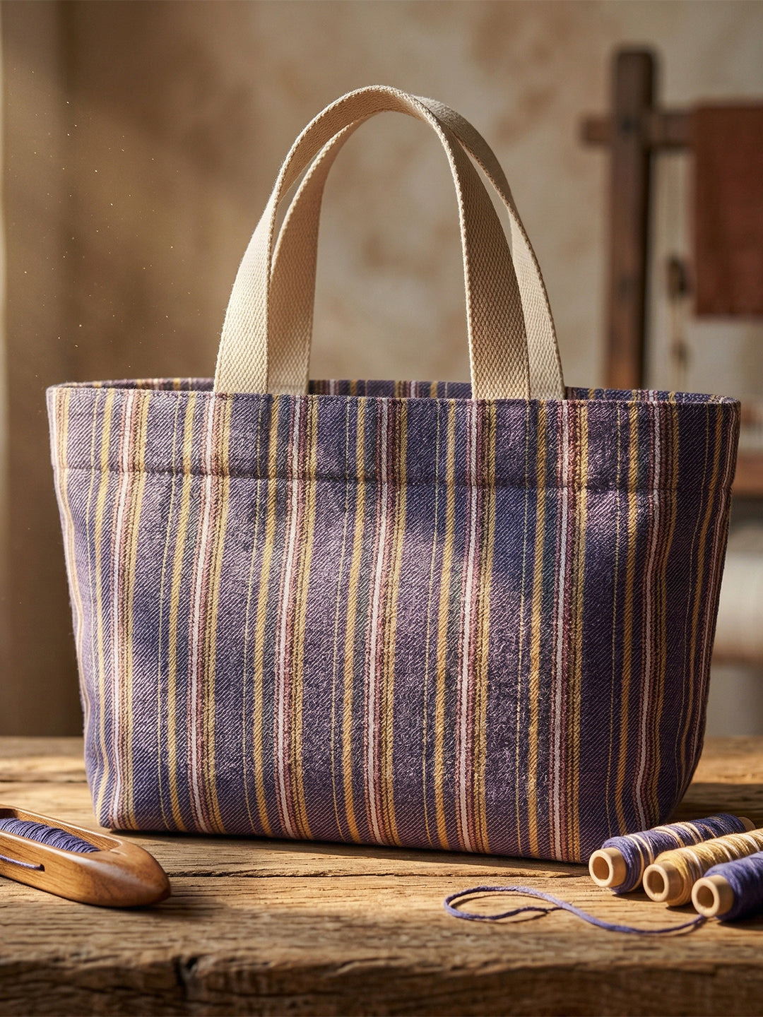 Handwoven Jamakkalam Tote Bag – Purple Base with Yellow & White Stripes | Premium Cotton Hand Bag