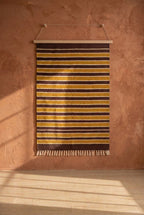 Bhavani Jamakkalam / Handwoven Cotton Carpet Maroon Base with White & Yellow Stripes (3.25 ft × 6.5 ft)