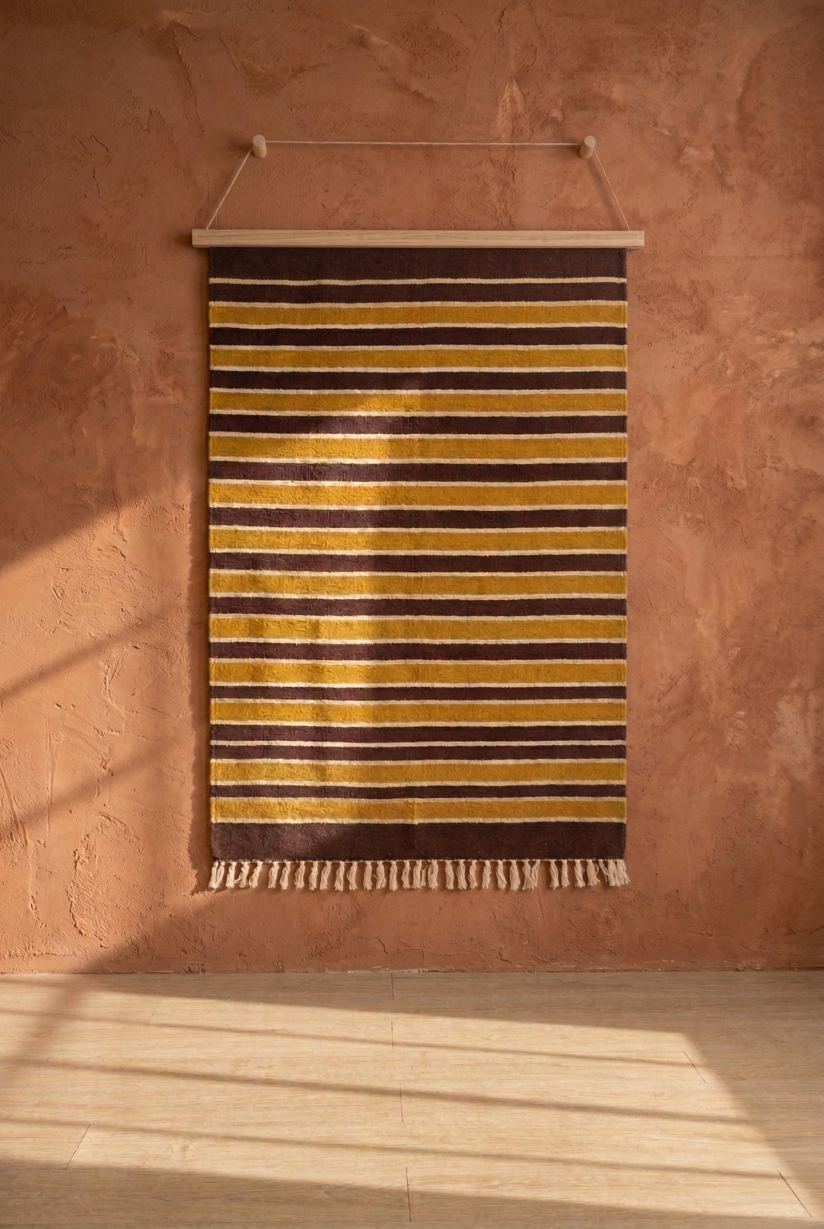 Bhavani Jamakkalam / Handwoven Cotton Carpet Maroon Base with White & Yellow Stripes (3.25 ft × 6.5 ft)